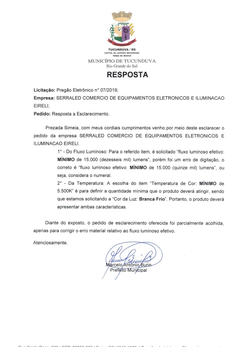 AVISO DE ESCLAREC Nº 2 PE 07_2019 AQUISIÇÃO LÂMPADAS LED